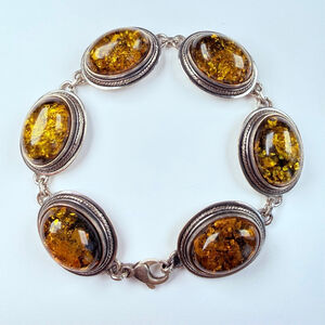 Estate 28.5 CT Green Baltic Amber Oval Panel MCM Sterling Silver VTG Bracelet